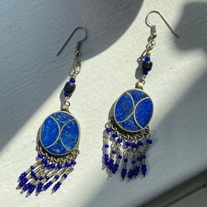 Silver, lapis stone & bead hanging earrings